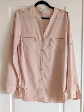 Calvin Klein Blush Pink Button-Front Blouse with Gold Zippers